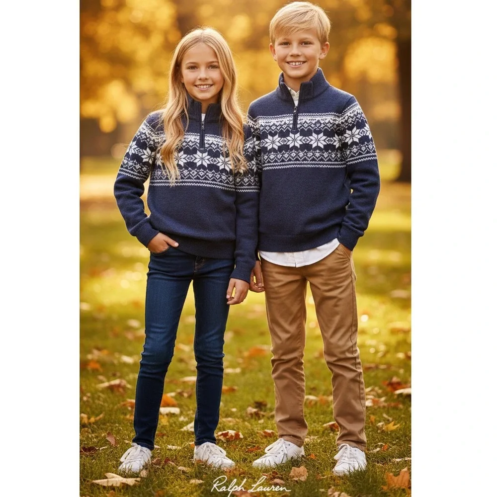 Polo Ralph Lauren Kids Navy Blue Fair Isle Cotton Quarter-Zip‎ Sweater 10-12 New